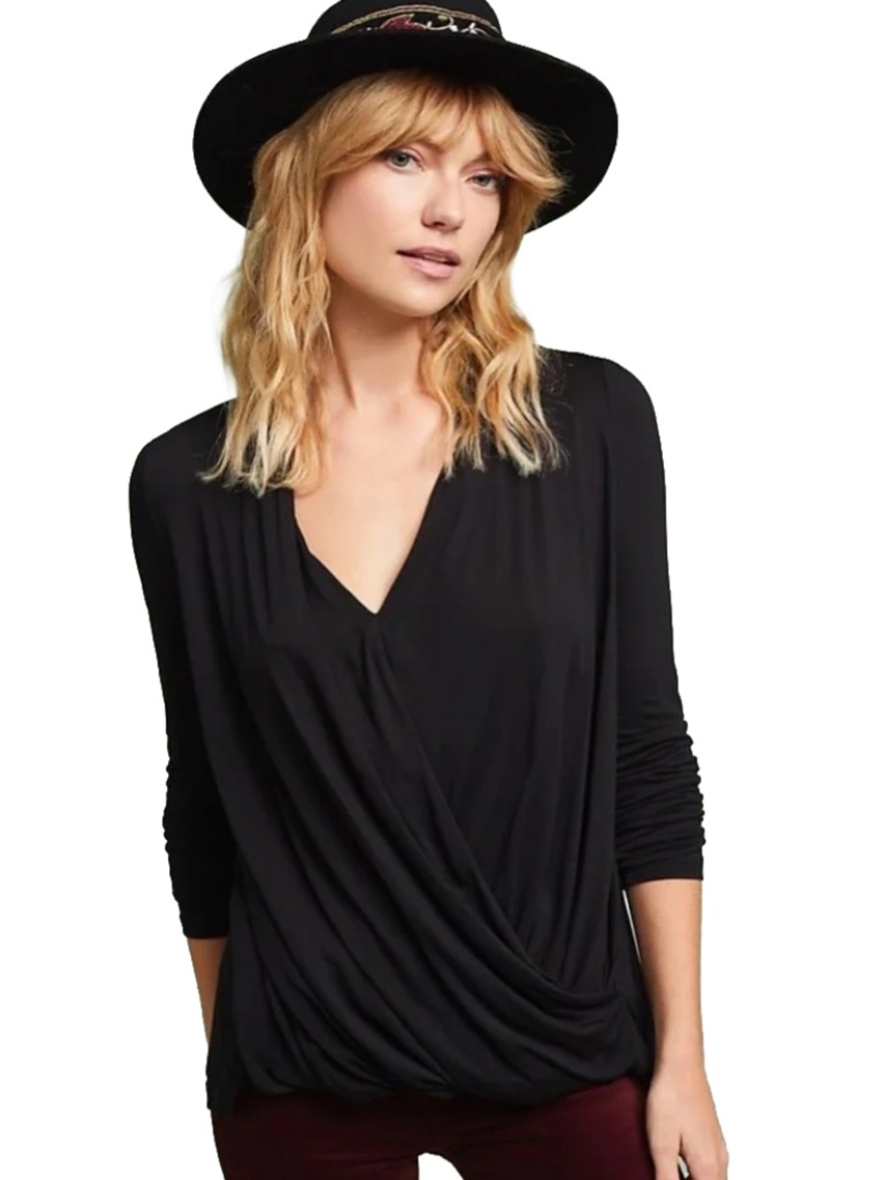 Anthropologie Akemi + Kin Black Faux Wrap Draped Front Long Sleeve Top Size XS